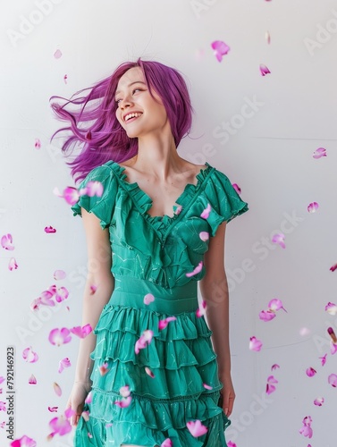 Woman Wearing Green Dress With Pink Flowers