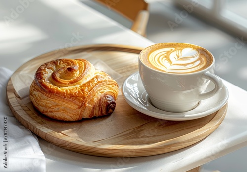 A Cup of Coffee and a Croissant on a Wooden Tray