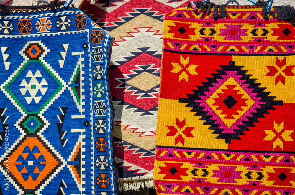 Beautiful traditional Albanian carpets in Ottoman market in old town Kruja, Albania
