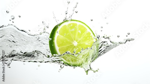 Fresh slice of lime in water splash isolated on white background.