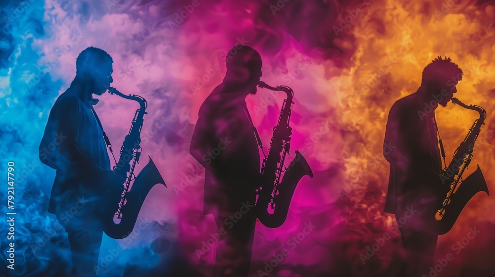 Three Silhouettes of Men Playing Saxophone Against a Colorful Background Three Silhouettes of Men Playing Saxophone Against a Colorful Background