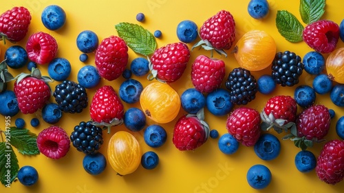 Berries, Raspberries, and Blueberries Arranged on Yellow Background