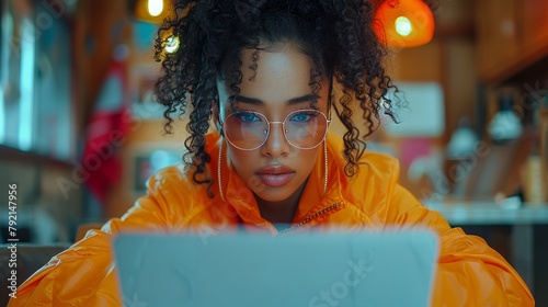 Woman Sitting at Table Using Laptop Computer