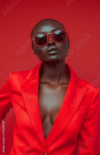 Woman Wearing Red Jacket and Sunglasses