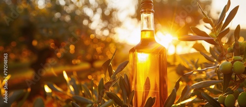 Olive Oil Bottle on Olive Tree