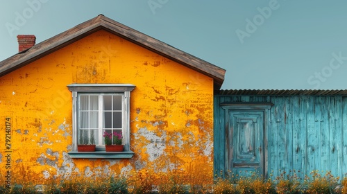 Yellow House With Blue Door and Window