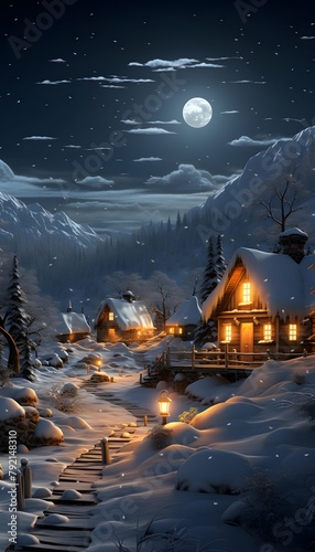 Winter night in the village. Winter fairy tale. Panorama.