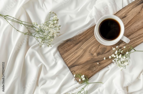 Wooden Cutting Board With Cup of Coffee.