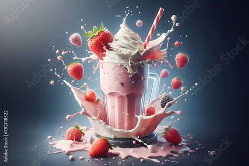 smoothies with strawberry and milk splashing on it and a strawberry on the side, berries dripping juice