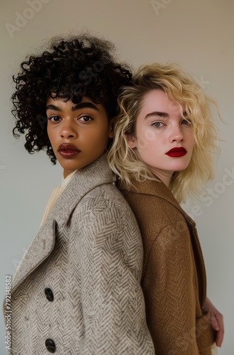Two Women Standing Next to Each Other Wearing Coats