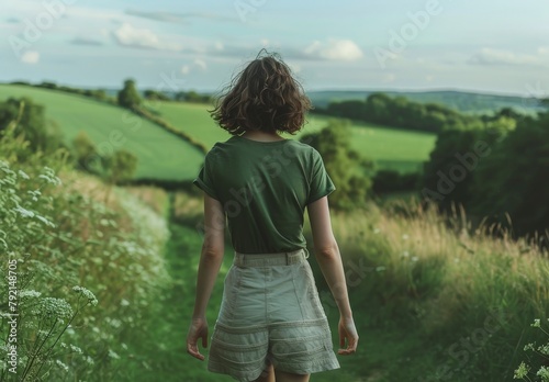 Woman Walking Down Dirt Road in Field
