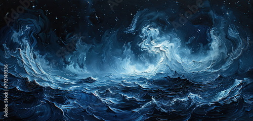 Impasto, starry sky and sea, a singular of texture and depth, capturing the ethereal beauty and mystique of celestial bodies reflected in the vastness of the ocean.