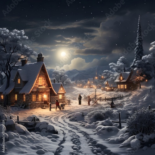 Winter village at night with snow covered houses and trees. 3d illustration