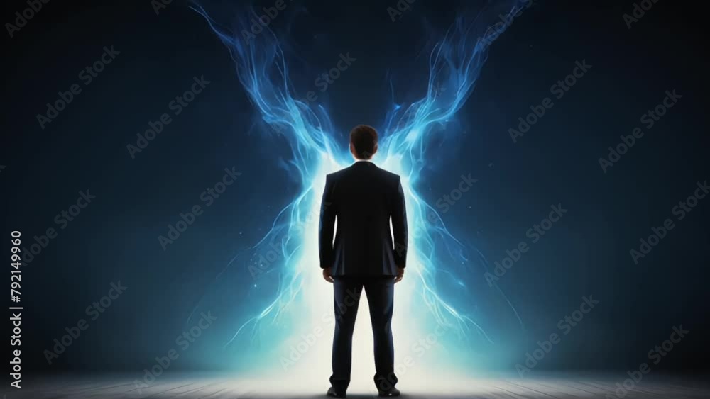 Silhouette backview of businessman standing with blue energy aura flow Silhouette backview of businessman standing with blue energy aura flow