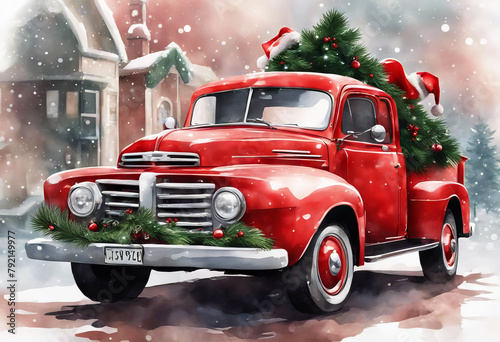'red christmas truck watercolor retro tree your illustration holiday perfect project new year invitations wallpapers greeting cards american antique auto automobile beautiful car'