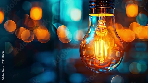 Glowing filament bulb with bokeh background symbolizes innovation for the Day of Light. photo