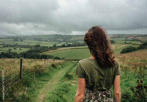 Woman Walking Down Path in Field