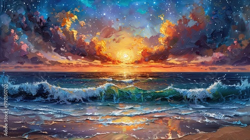 Impasto, starry sky and sea, a singular of texture and depth, capturing the ethereal beauty and mystique of celestial bodies reflected in the vastness of the ocean. photo