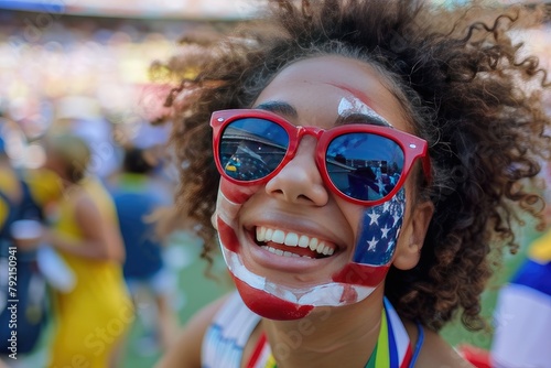 woman. portrait of a cheering American fan with a smeared American flag pattern on her face