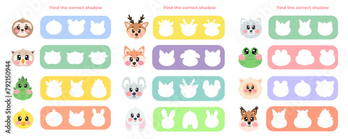 Find the correct shadow of funny kawaii characters mouse, sloth, owl, dinosaur, deer, fox, squirrel, cat, kitten, sheep, alpaca, lamb, ewe, frog, rabbit, bunny face animal