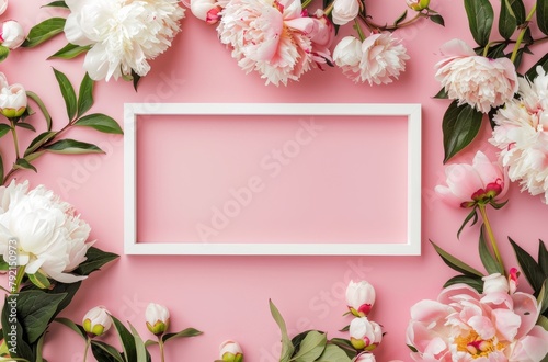 White Frame With Flowers on Pink Background