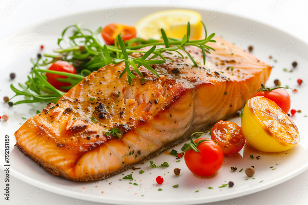 Piece of roasted salmon with lemon and tomatoes on white plate.