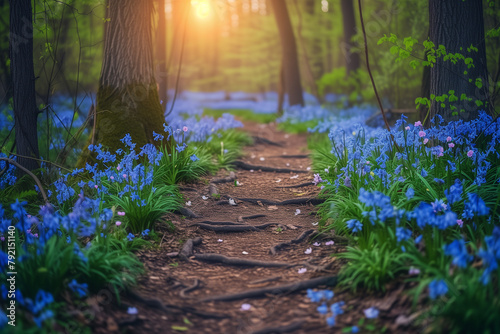 Path in spring forest with blue flowers. photo
