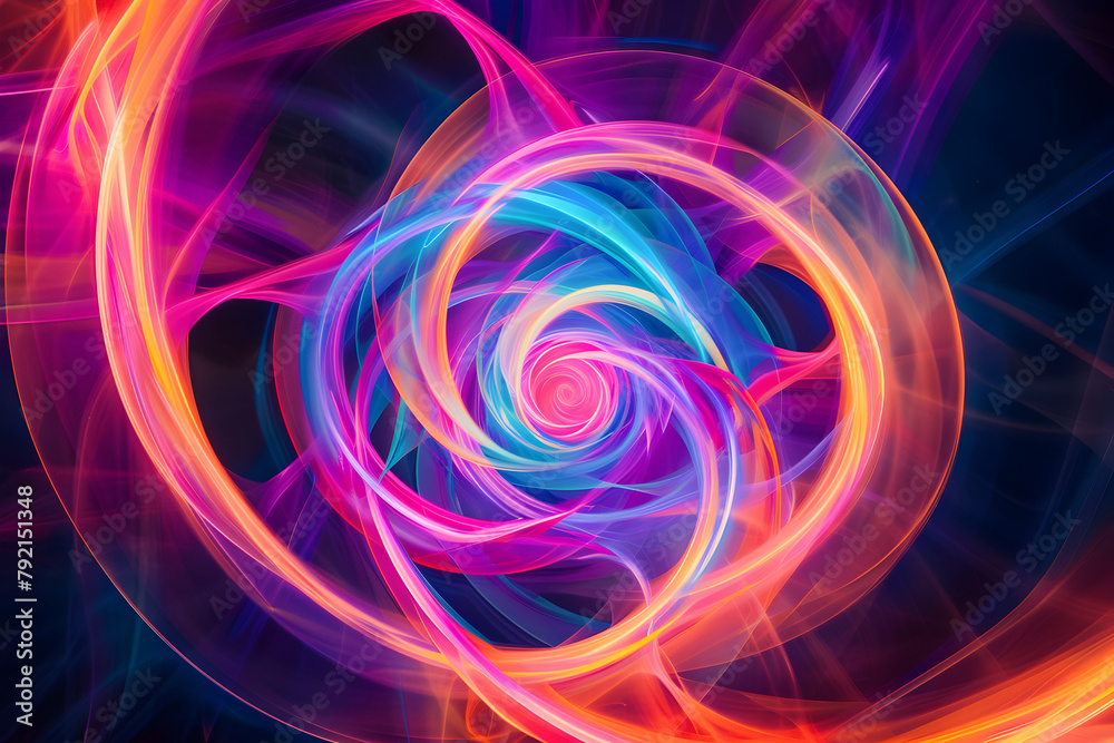 Vibrant neon abstract art with multicolored swirling patterns. Eye-catching design on black background.