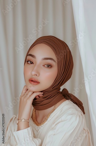 Woman Wearing White Shirt and Brown Scarf