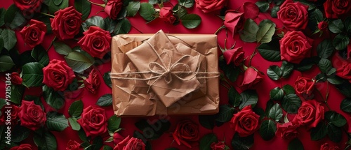 Brown Paper Wrapped Present Surrounded by Red Roses
