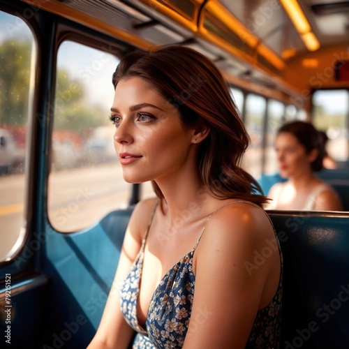 woman sitting inside bus , commuting commuter passenger travel concept