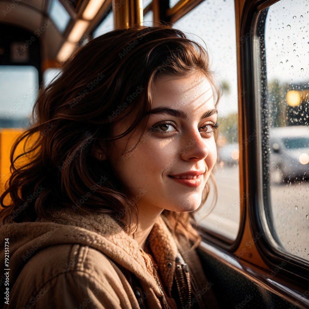 woman sitting inside bus , commuting commuter passenger travel concept