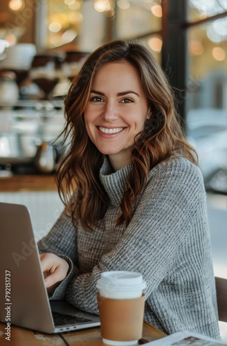 Woman Working on Laptop at Table With Coffee Cup
