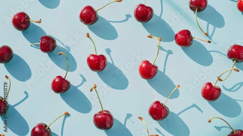 Group of Cherries on Blue Surface