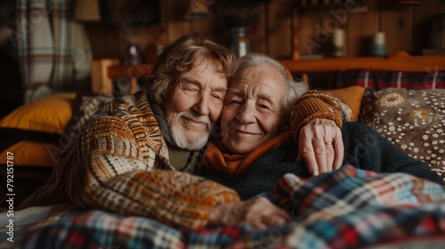 Happy romantic senior couple hugging and enjoying retirement sitting on the couch at home