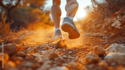 feet in sneakers run across a dusty road. sport and athlete, foot problems concept
