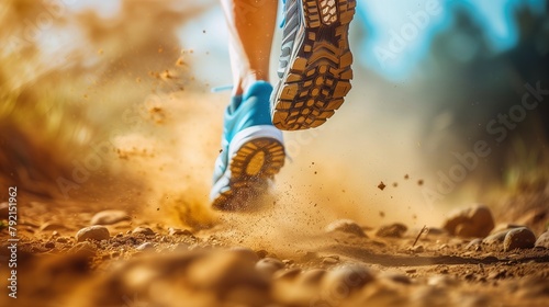 feet in sneakers run across a dusty road. sport and athlete, foot problems concept photo