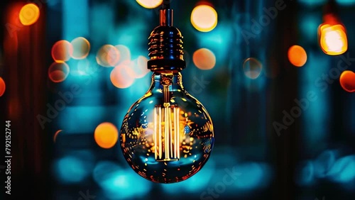 Glowing filament bulb with bokeh background symbolizes innovation for the Day of Light photo