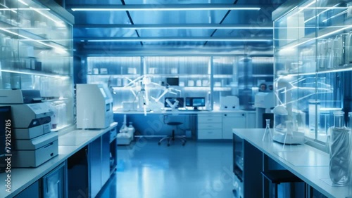 Interior of a futuristic research facility maintained in a sterile condition. State-of-the-art equipment and experimental apparatus neatly arranged in a clean, white-based space.  photo