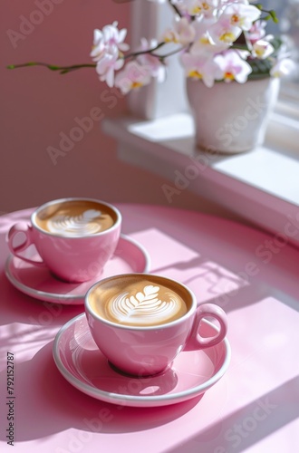 Two Cups of Cappuccino Next to Potted Plant