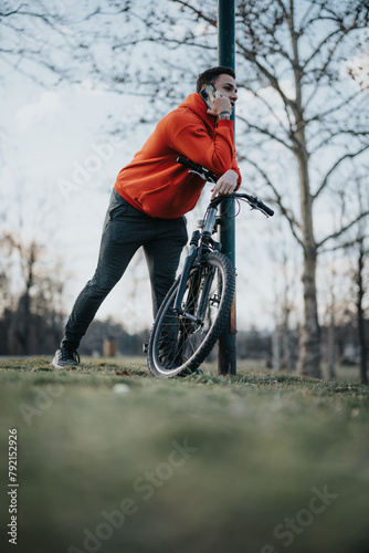 Outdoor shot of a young man with his bicycle in the park, enjoying a conversation on his mobile phone.