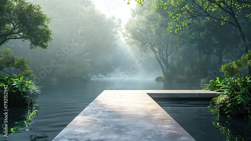Suspended concrete walkway over water with beautiful forest landscape. 3d render background