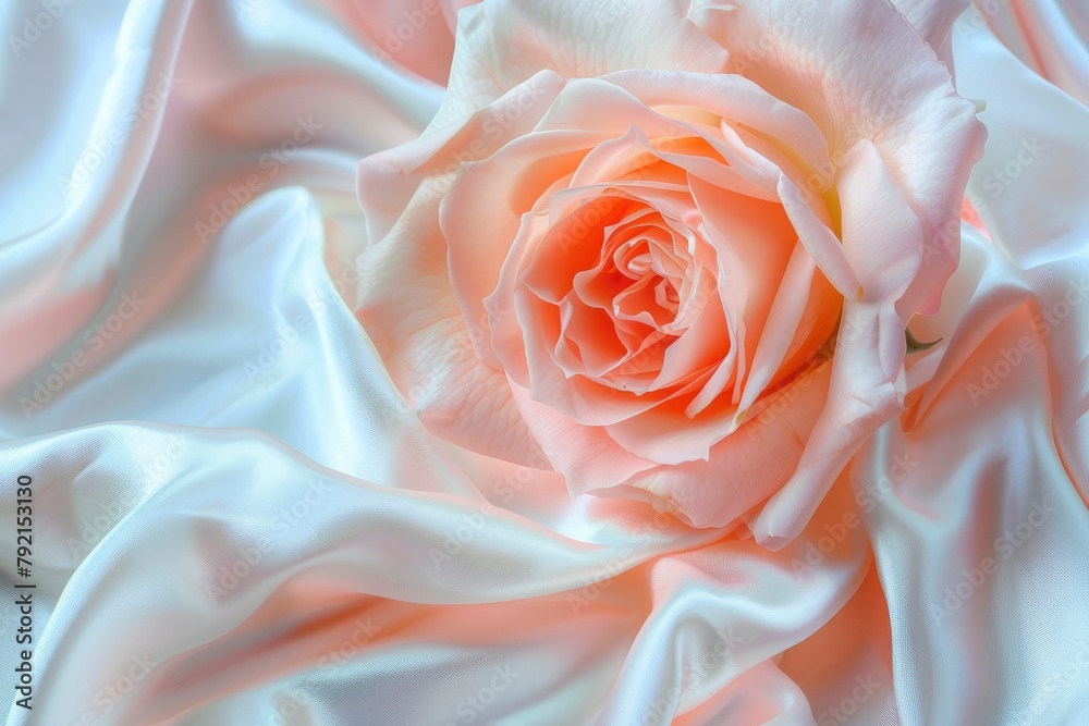 Pink rose peach white silk satin. Creases in fabric. Light luxury elegant background with space for design. Table top view, flat lay. Birthday, baby, newborn - generative ai Pink rose peach white silk satin. Creases in fabric. Light luxury elegant background with space for design. Table top view, flat lay. Birthday, baby, newborn - generative ai