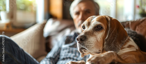 Dog sitting on the sofa  next to his elderly owner. Relaxing at home