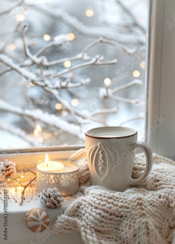 Coffee Cup and Lit Candle on Window Sill