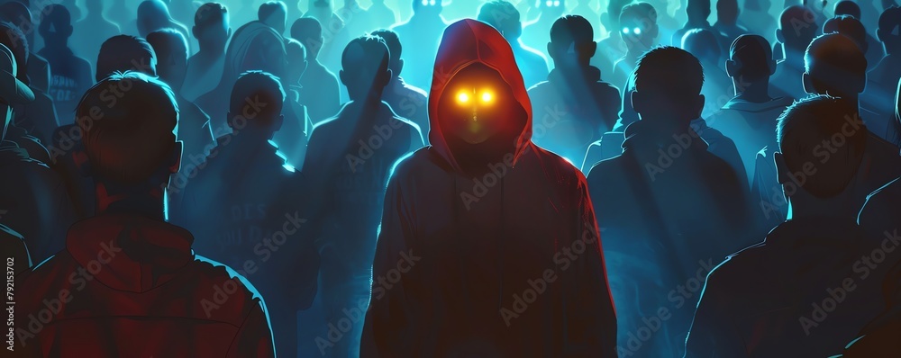 Silent observer in a crowd, cloaked in invisibility, eyes glowing with data analysis, watching over society with benevolent surveillance - obrazy, fototapety, plakaty 