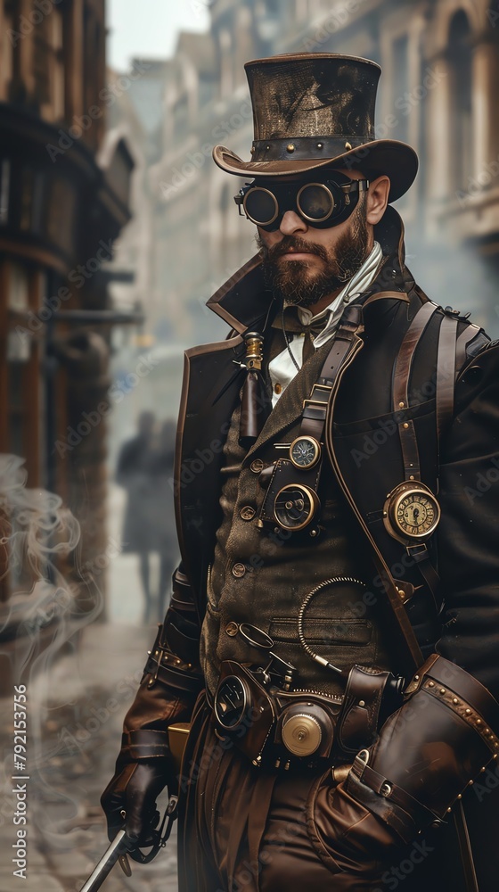 Fototapeta premium Steampunk spy with intricate mechanical devices, leather and brass fittings, amidst a Victorian London fog, blending old-world charm with fantastical inventions