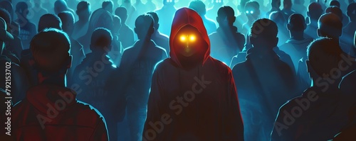 Silent observer in a crowd, cloaked in invisibility, eyes glowing with data analysis, watching over society with benevolent surveillance photo