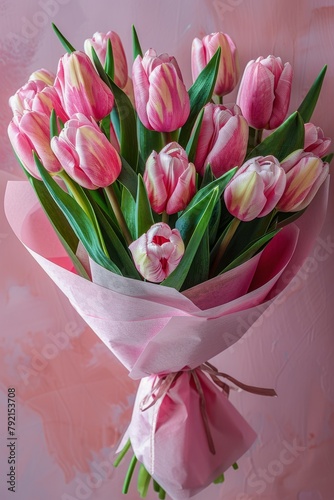 Bouquet of Pink Tulips Wrapped in Pink Ribbon