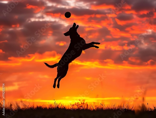 Silhouette of a dog leaping into the air to catch a ball, dramatic backlighting from the setting sun, vibrant sky painting the backdrop